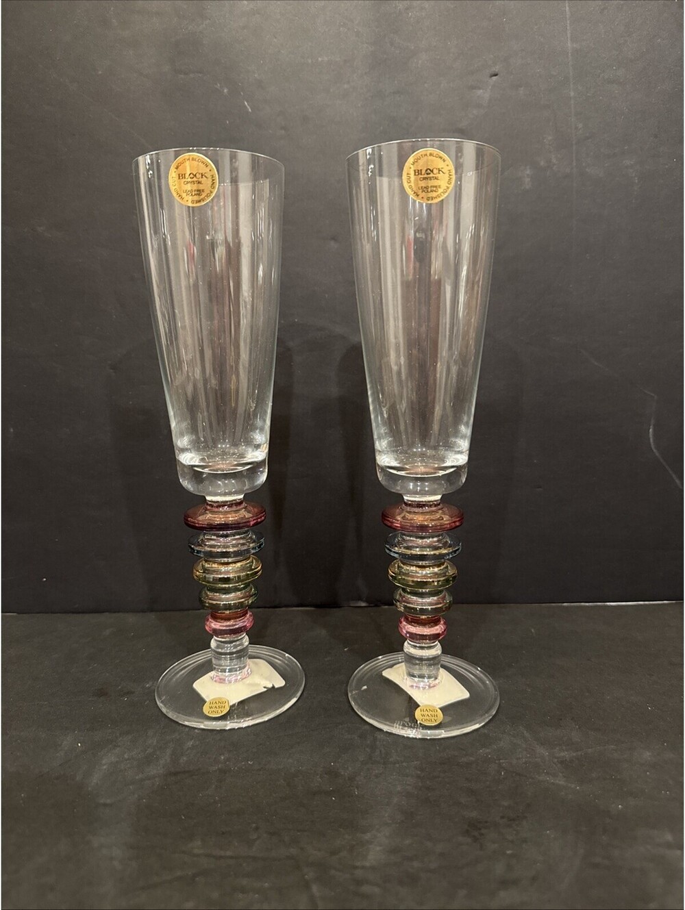 Block Carnival Crystal Champagne Flutes Set of 2 Multicolor Ring Stem Poland New